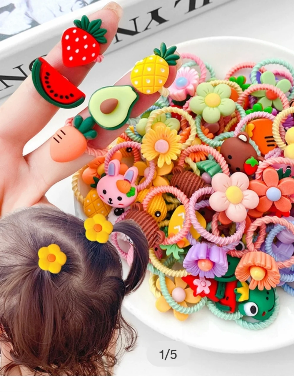 Bundle Of Elastic Hair Bands-Cartoon Fruit-Animal-Flower-Resin Hair Ties NEW